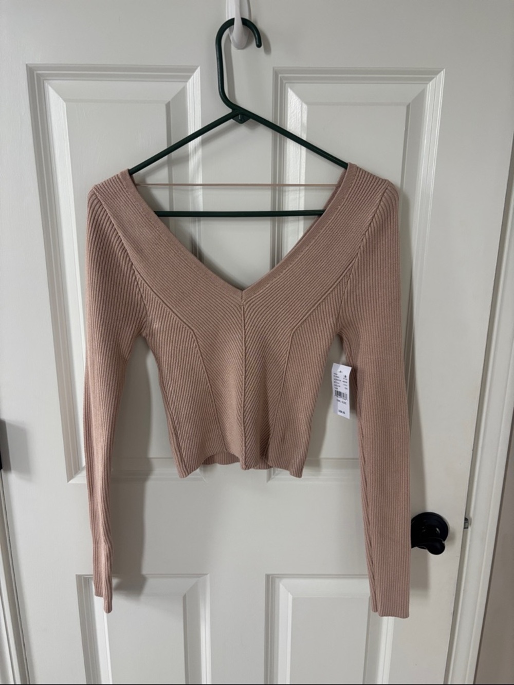 PacSun Ribbed V-Neck Long Sleeve Cropped Top in Blush